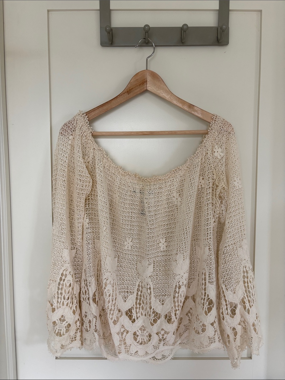 Boho Crochet Lace Off-Shoulder Top in Beige